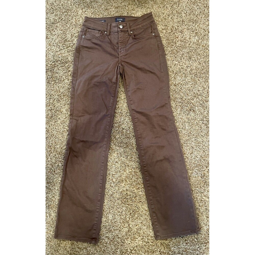 NYDJ Marilyn Straight Pants Womens 00P Brown Stretch Lift Tuck Petite 1032